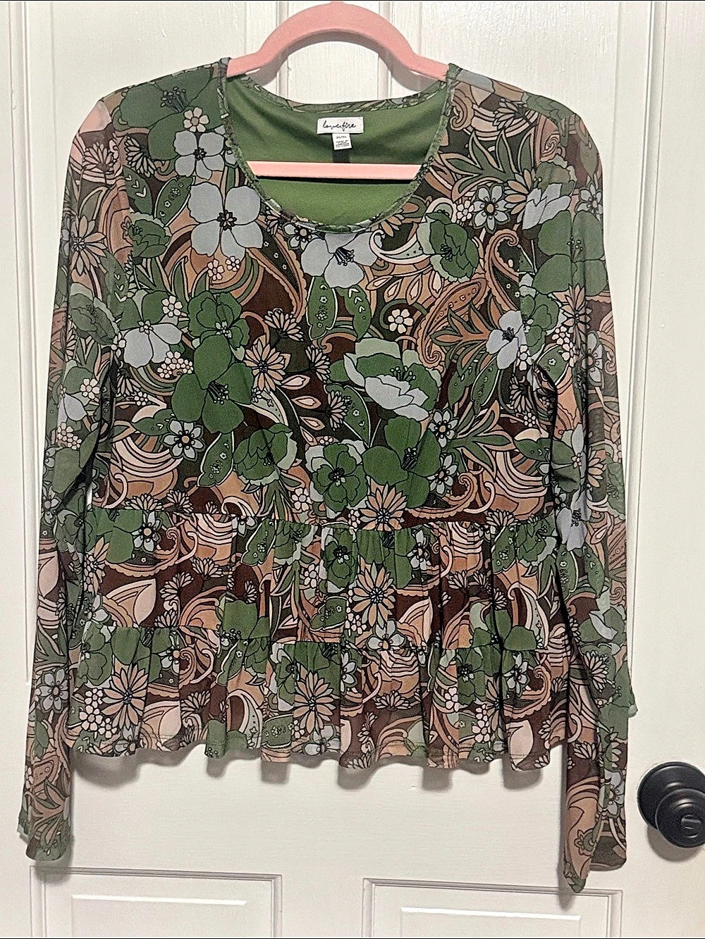 Girls Floral Long Sleeve Top in Green & Brown
